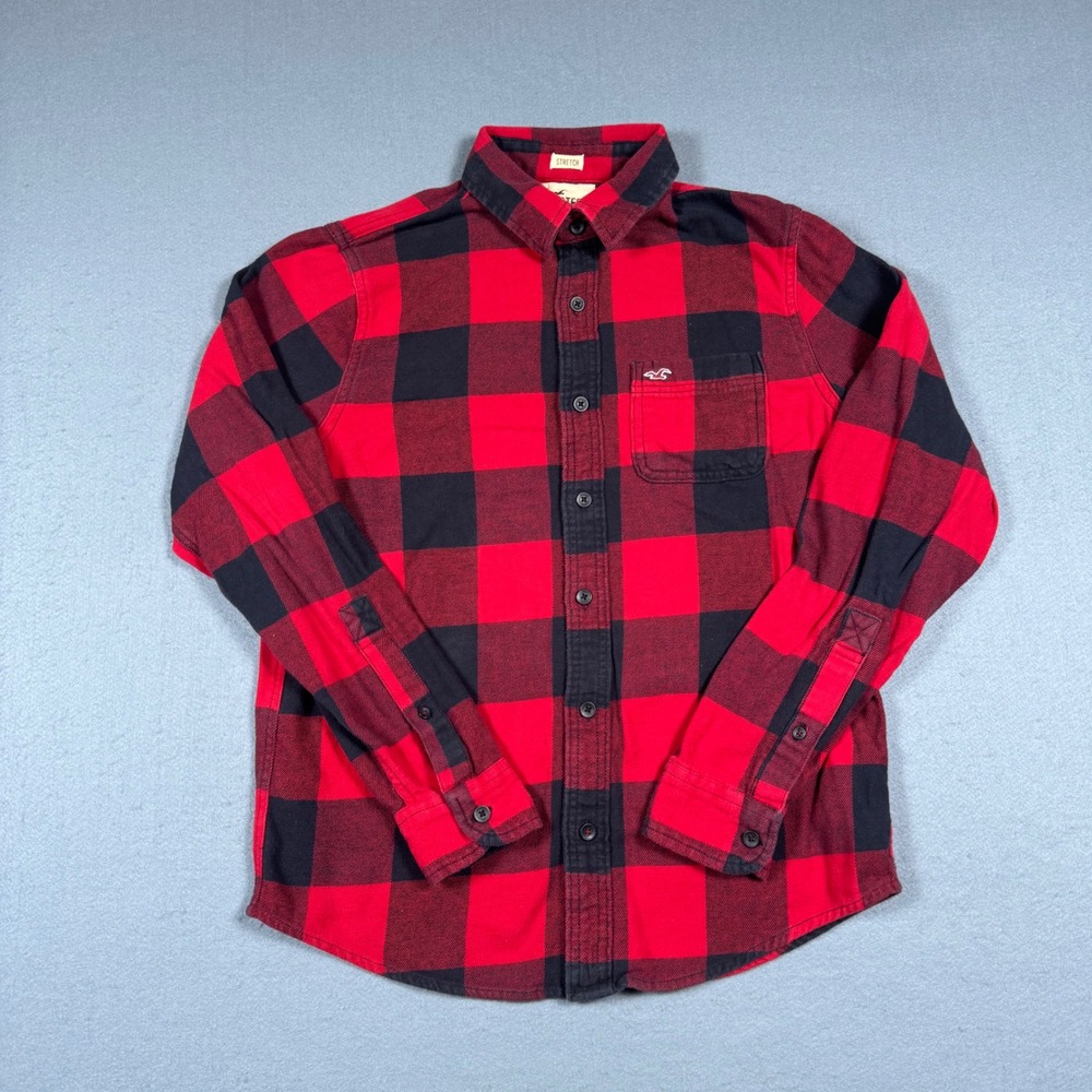 Hollister Flannel Shirt Mens Medium Red Black Buffalo Plaid Stretch Button Up